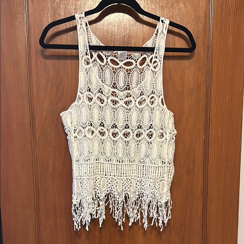 White Crochet Fringe Tank Top